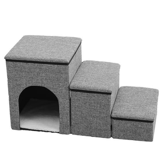 Dog Stairs Foldable 3-Step Dog Step with Storage and Pet House Non-Slip Dog Ramp for Small Dogs, Cats or Pets Joints, Up to 165lbs