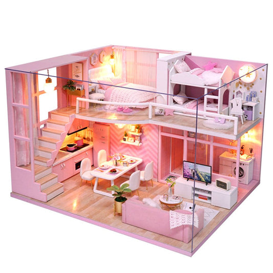 Dollhouse Miniature DIY House Kit Wooden Loft Doll House Apartment Pink Dollhouse Kit for Adults Teens Girls
