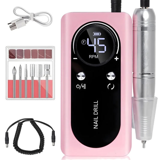 Electric Nail Drill, Cordless Portable Electric Nail File Set with 6 Bits, 45000RPM Professional Rechargeable Forward & Reverse Nail Drill Kit with Display, for Acrylic Nails/DIY Manicure & Pedicure