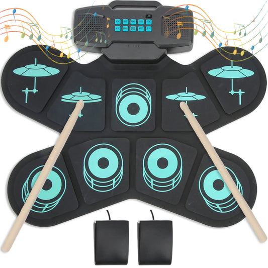 Electronic Drum Set Roll Up Electric Drum Quiet Drum Pad with 10 Demo 10 Tunes, Built-in Stereo Speakers, Foot Pedals, Sticks, Perfect Gift for Boys Girls, Adults and Beginners