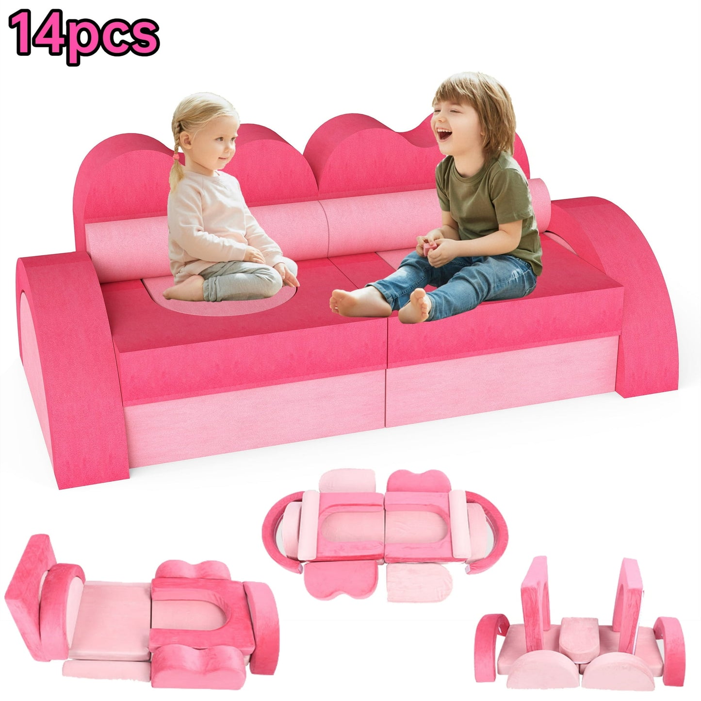 FAGINEY 14PC Modular Kids Play Couch, Foam Couch for Toddlers Set, DIY Toddler Sofa for Forts, for Boys and Girls, Pink