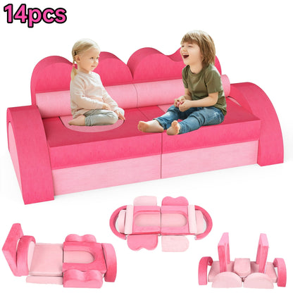 FAGINEY 14PC Modular Kids Play Couch, Foam Couch for Toddlers Set, DIY Toddler Sofa for Forts, for Boys and Girls, Pink