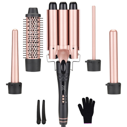 5 in 1 Curling Iron Wand LED Display Hair Wand Curler Set with 3 Barrel Hair Crimper for All Hair Type, Waver Curling Wand for Women, Rose Gold