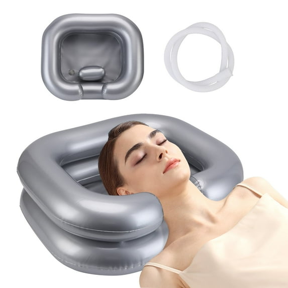 Inflatable Shampoo Bowl Foldable Wide Neck Opening PVC Portable Shampoo Basin with 39inch Drain Hose for Home Travel