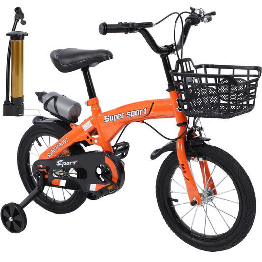 16" Kids Bike with Training Wheels, Height Adjustable Kid's Bicycle with Basket/Water Bottle/Inflator/Bell, Christmas Birthday New Year Xmas Gifts for Girls Boys Toddlers Kids 3 to 8 Years Old