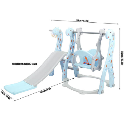 4 in 1 Toddler Swing and Slide Set for Kids Age 1 to 5, Toddler Indoor Playground for Children Baby Swing Set with Swing, Climber, Ball, Basketball Hoop and Long Slide for Boys and Girls, Blue