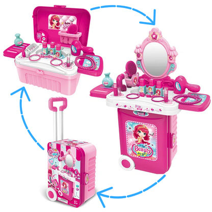 Toddler Vanity Set, 3 in 1 Pretend Princess Girls Vanity Table with Mirror, Lights, Cosmetics and Hair Dryer, Kids Makeup Table Toys Gift for Girls Toddlers Ages 2 3 4 5 6, Pink