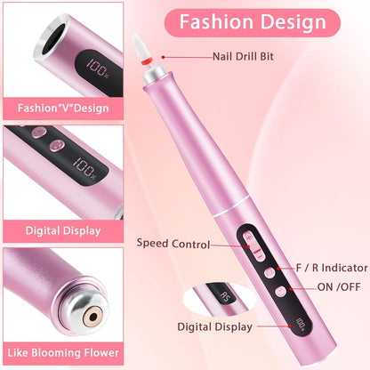 Portable Electric Nail Drill Manicure Pedicure Polishing Shape Tools for Nail Care Beauty Home Salon Use - 35000RPM, Pink