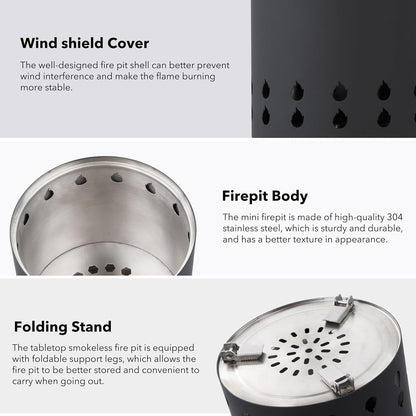 Tabletop Fire Pit with Portable Bag, Portable Smokeless Mini Fire Pit, Wood or Pellets Dual Fuel, Stainless Steel Fire Pit for Camping/Parties/Yard Entertainment, Black