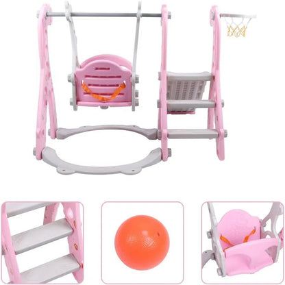 4 in 1 Toddler Swing and Slide Set for Kids Age 1 to 5, Toddler Indoor Playground for Children Baby Swing Set with Swing, Climber, Ball, Basketball Hoop and Long Slide for Boys and Girls