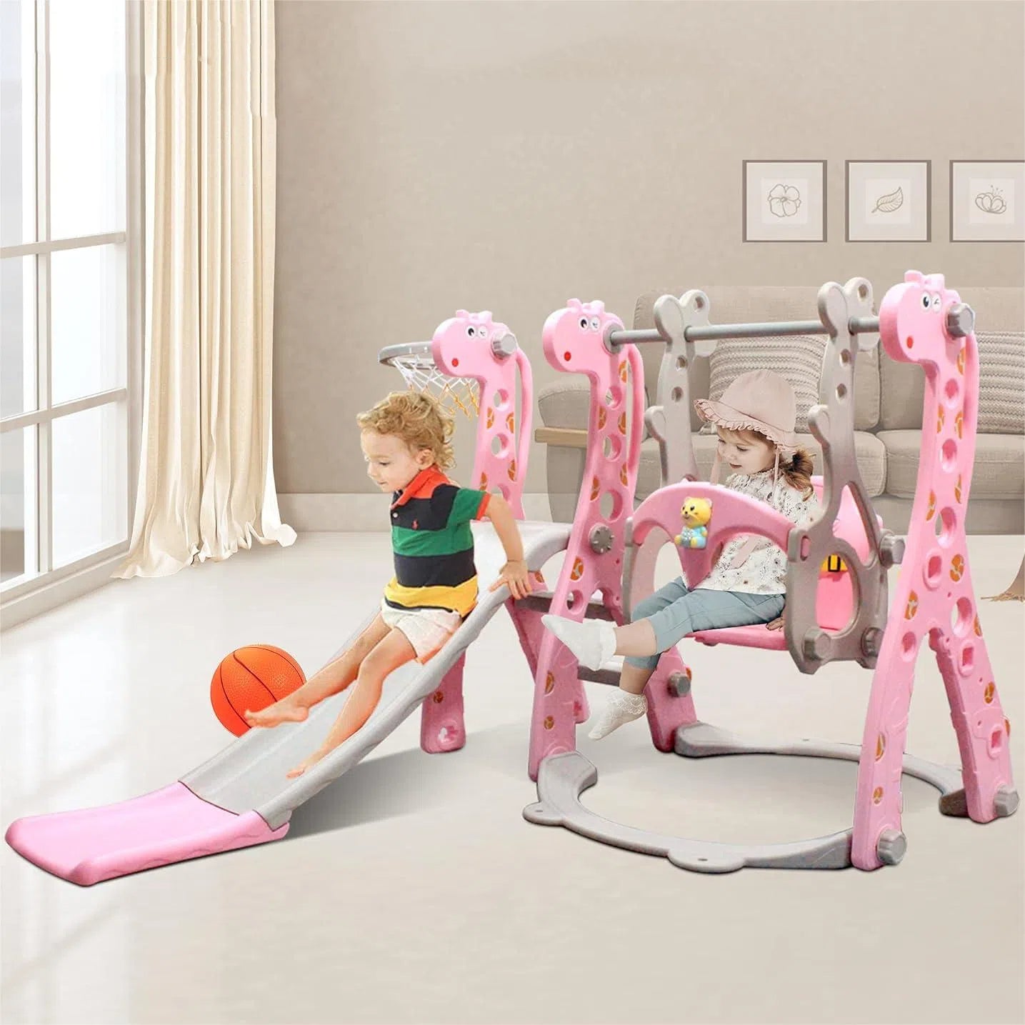4 in 1 Toddler Swing and Slide Set for Kids Age 1 to 5, Toddler Indoor Playground for Children Baby Swing Set with Swing, Climber, Ball, Basketball Hoop and Long Slide for Boys and Girls