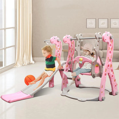 4 in 1 Toddler Swing and Slide Set for Kids Age 1 to 5, Toddler Indoor Playground for Children Baby Swing Set with Swing, Climber, Ball, Basketball Hoop and Long Slide for Boys and Girls