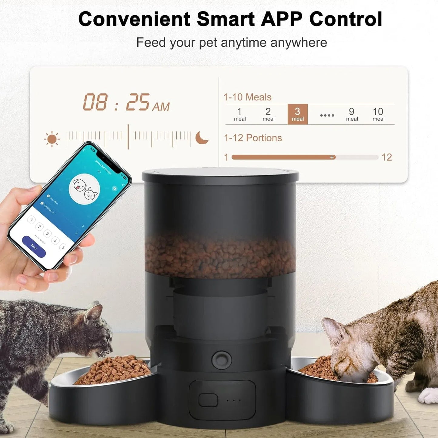Automatic Cat Feeder, Easy Cleaning Voice Reminder Timed Cat Feeder Dual Power Supply Dual Bowl for Household