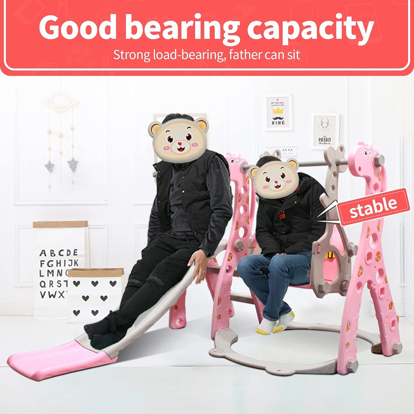 4 in 1 Toddler Swing and Slide Set for Kids Age 1 to 5, Toddler Indoor Playground for Children Baby Swing Set with Swing, Climber, Ball, Basketball Hoop and Long Slide for Boys and Girls