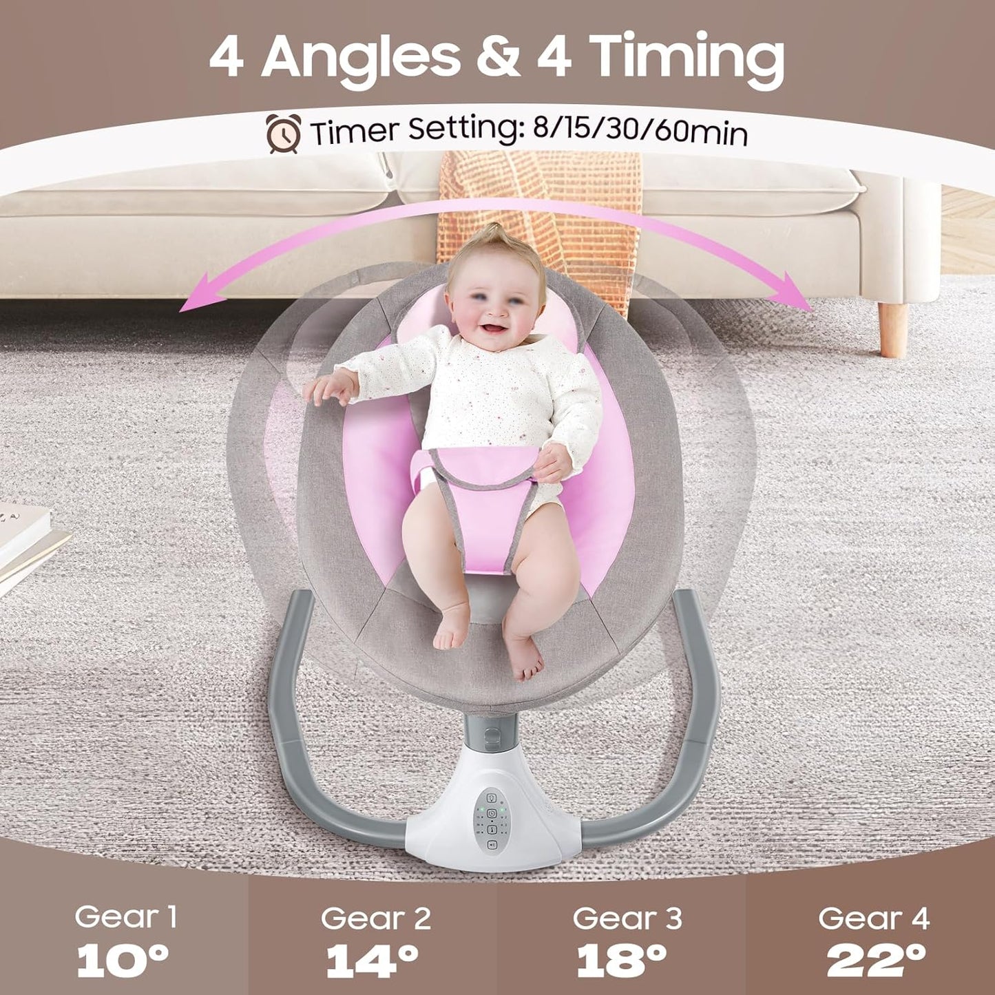 Baby Swings for Infants to Toddler, Electric Baby Swing, Bluetooth Enabled Portable Baby Rocker with Remote Control, 4 Swing Speeds & 12 Lullabies for Newborns 0-18 Months(Pink)