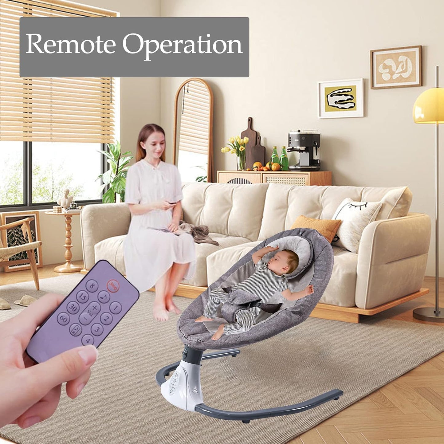 Electric Baby Swing for Infants, Baby Swing Rocker Bouncer with 4 Rocking Speed, 3 Seat Positions Adjustment, Remote Control Baby Swing Rocker for Infants to Toddler 0-18 Months(Gray)