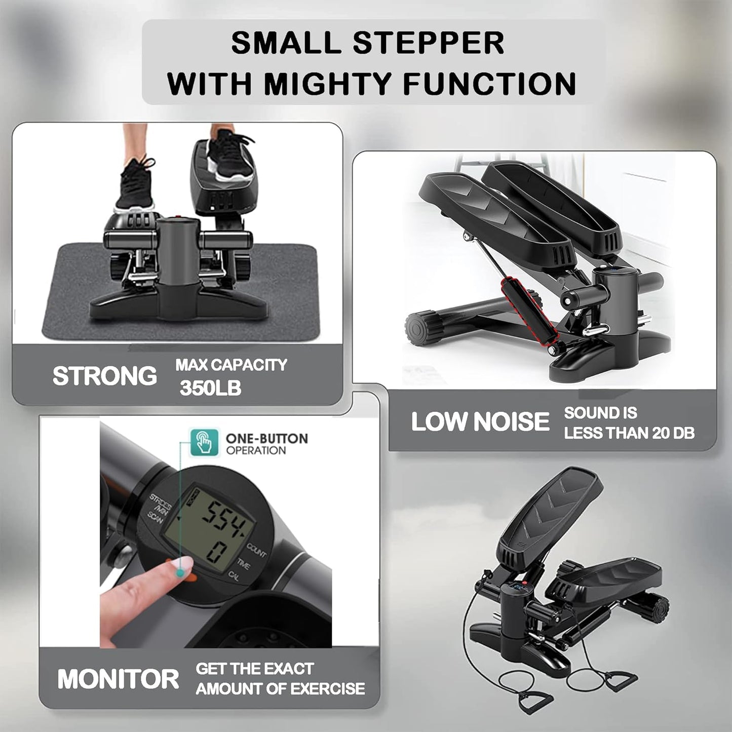 Eotvia Steppers for Exercise, Portable Mini Stepper with Resistance Bands for Home Gym Cardio, Air Stepper Climber Machine with Digital Monitor, Anti-slip Mat, Under Desk Exercise Machine, Max 330lbs