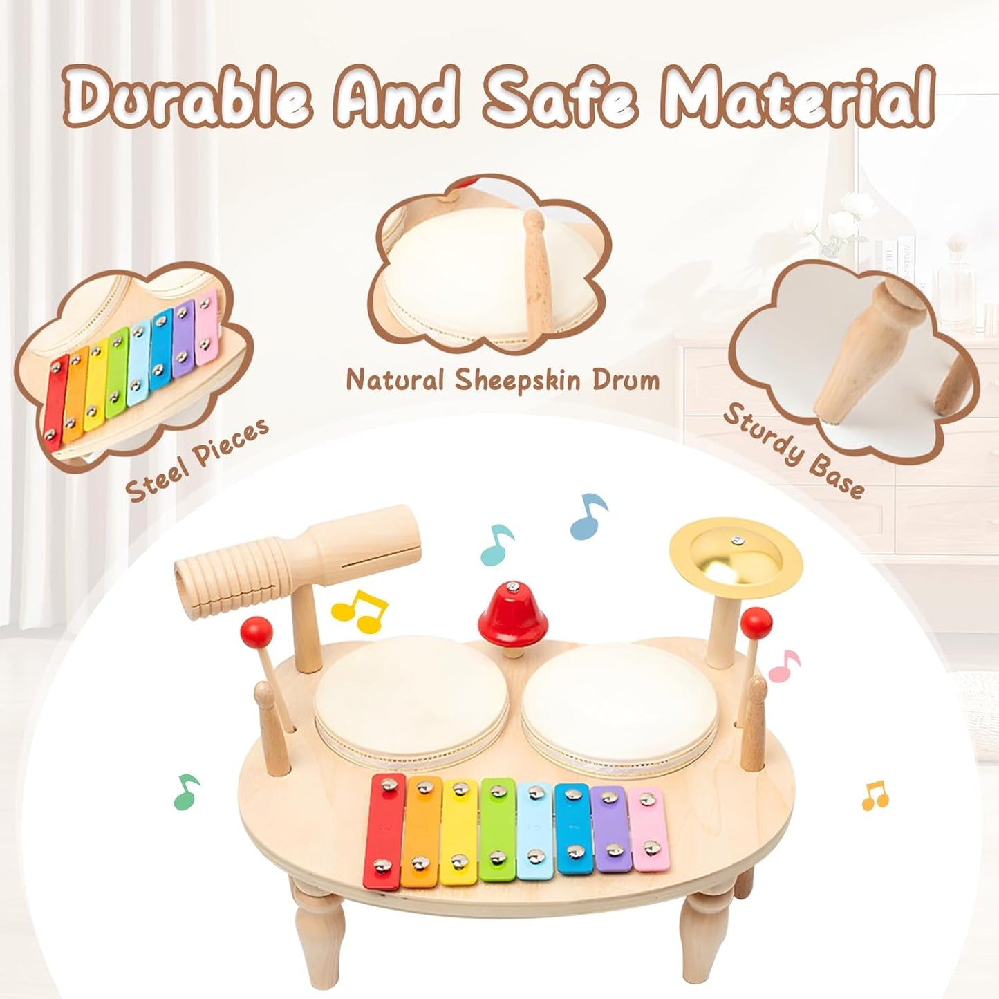 Toddler Drum Set, Xylophone Musical Instruments for Kids, Baby Drums Wood Montessori Music Toy