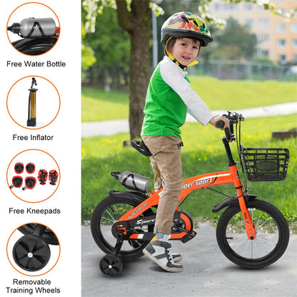 16" Kids Bike with Training Wheels, Height Adjustable Kid's Bicycle with Basket/Water Bottle/Inflator/Bell, Christmas Birthday New Year Xmas Gifts for Girls Boys Toddlers Kids 3 to 8 Years Old
