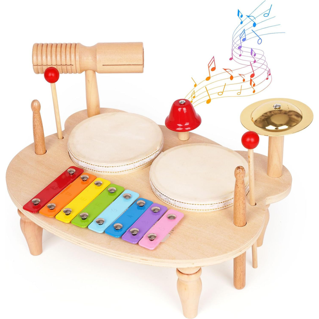 Toddler Drum Set, Xylophone Musical Instruments for Kids, Baby Drums Wood Montessori Music Toy