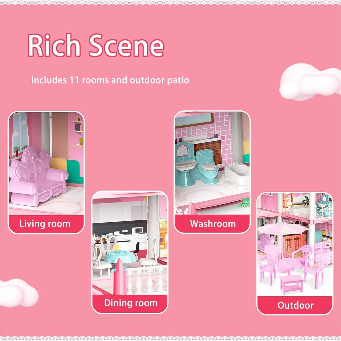 Dollhouse Girls Dreamhouse Playset,14 Room Dollhouse with 4 Doll Toy Figure, Furniture and Accessories, Color Lights, Play House Gift Toys for Kids Ages 3+