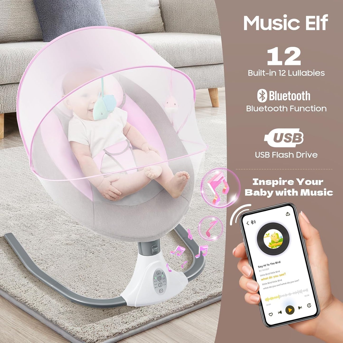 Baby Swings for Infants to Toddler, Electric Baby Swing, Bluetooth Enabled Portable Baby Rocker with Remote Control, 4 Swing Speeds & 12 Lullabies for Newborns 0-18 Months(Pink)