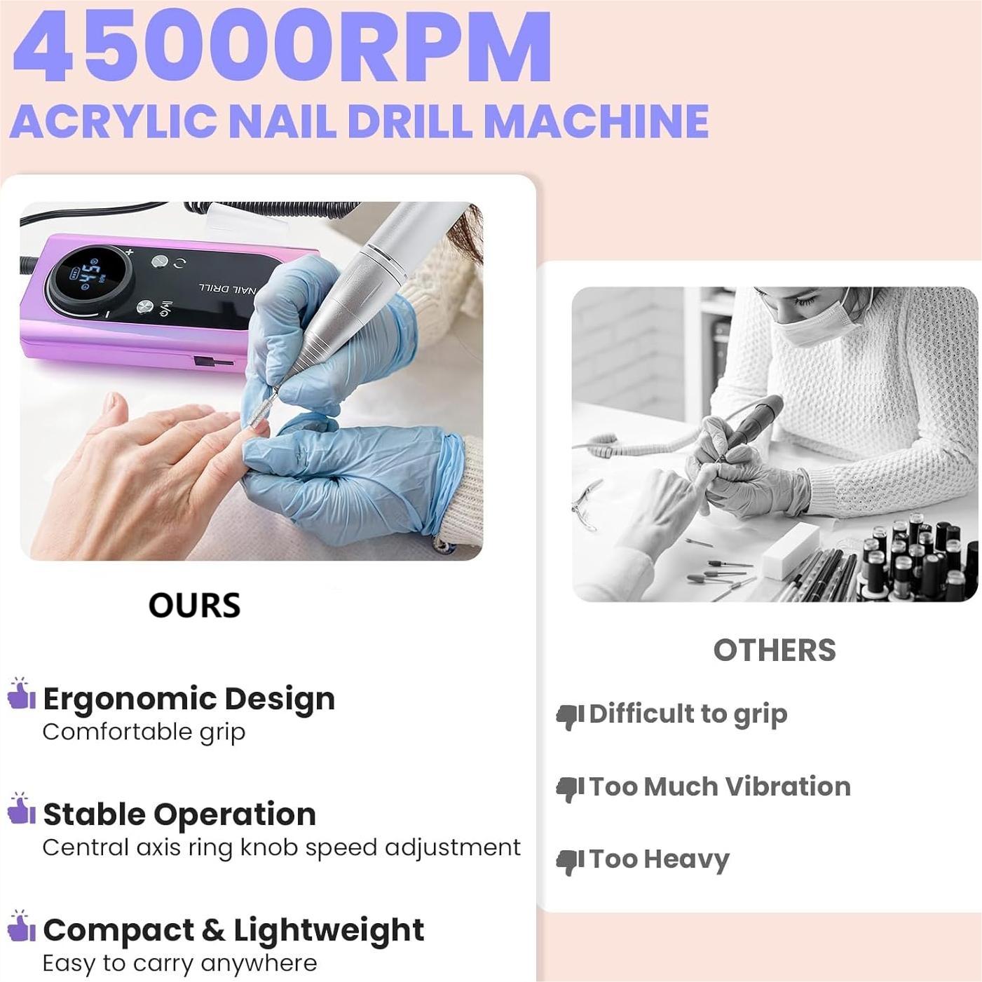 Portable Electric Nail Drill Manicure Pedicure Polishing Shape Tools for Nail Care Beauty Home Salon Use - 45000RPM, Purple