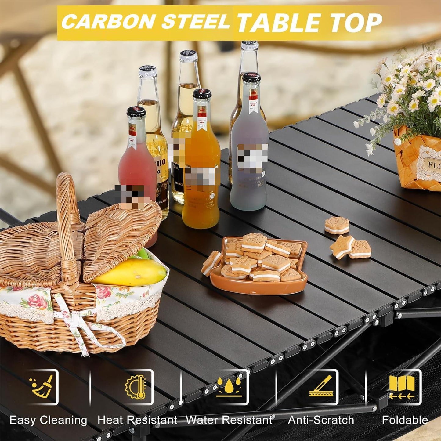 Eotvia Camping Table with Carry Bag, Folding Camping Table with Storage, Carbon Steel Roll up Table with Adjustable Height, Portable Picnic Table for Outdoor Camping Travel Backyard BBQ Patio Beach