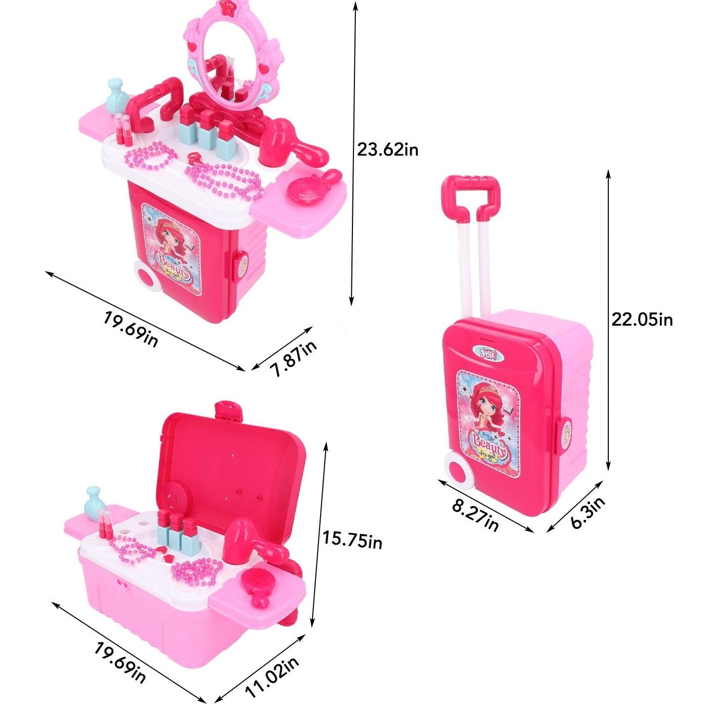 Toddler Vanity Set, 3 in 1 Pretend Princess Girls Vanity Table with Mirror, Lights, Cosmetics and Hair Dryer, Kids Makeup Table Toys Gift for Girls Toddlers Ages 2 3 4 5 6, Pink