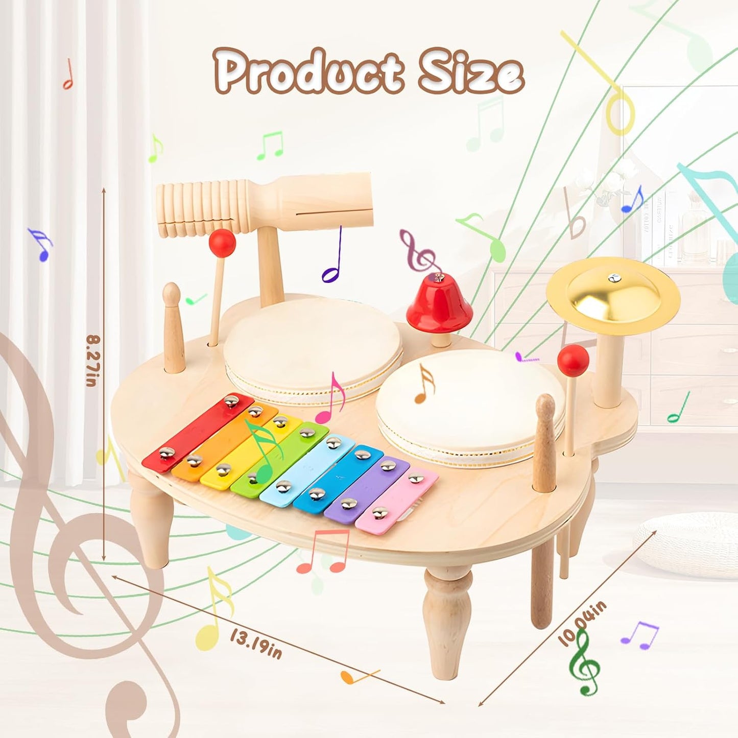 Toddler Drum Set, Xylophone Musical Instruments for Kids, Baby Drums Wood Montessori Music Toy