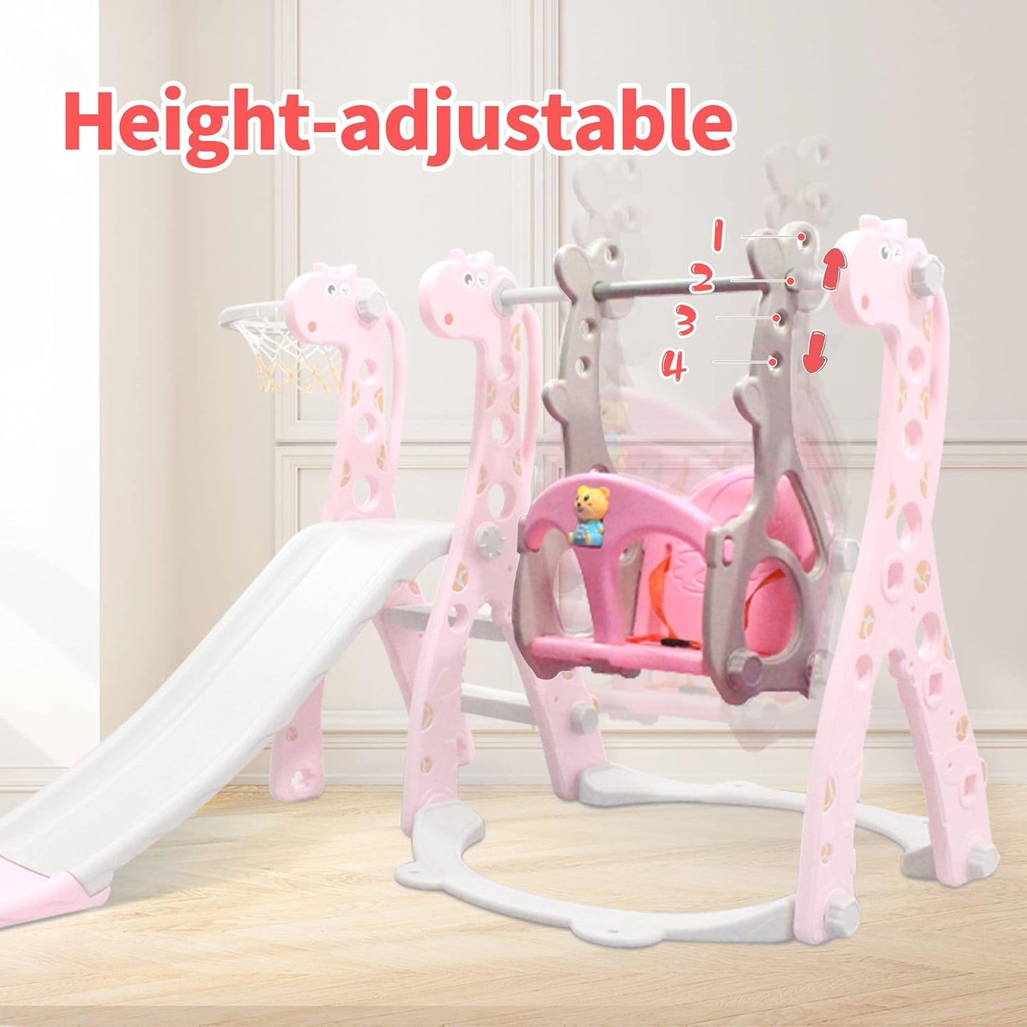 4 in 1 Toddler Swing and Slide Set for Kids Age 1 to 5, Toddler Indoor Playground for Children Baby Swing Set with Swing, Climber, Ball, Basketball Hoop and Long Slide for Boys and Girls