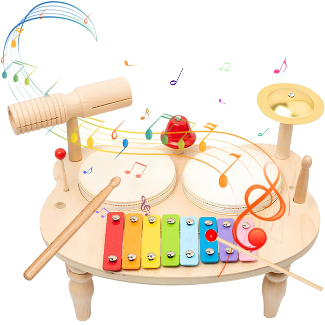 Toddler Drum Set, Xylophone Musical Instruments for Kids, Baby Drums Wood Montessori Music Toy