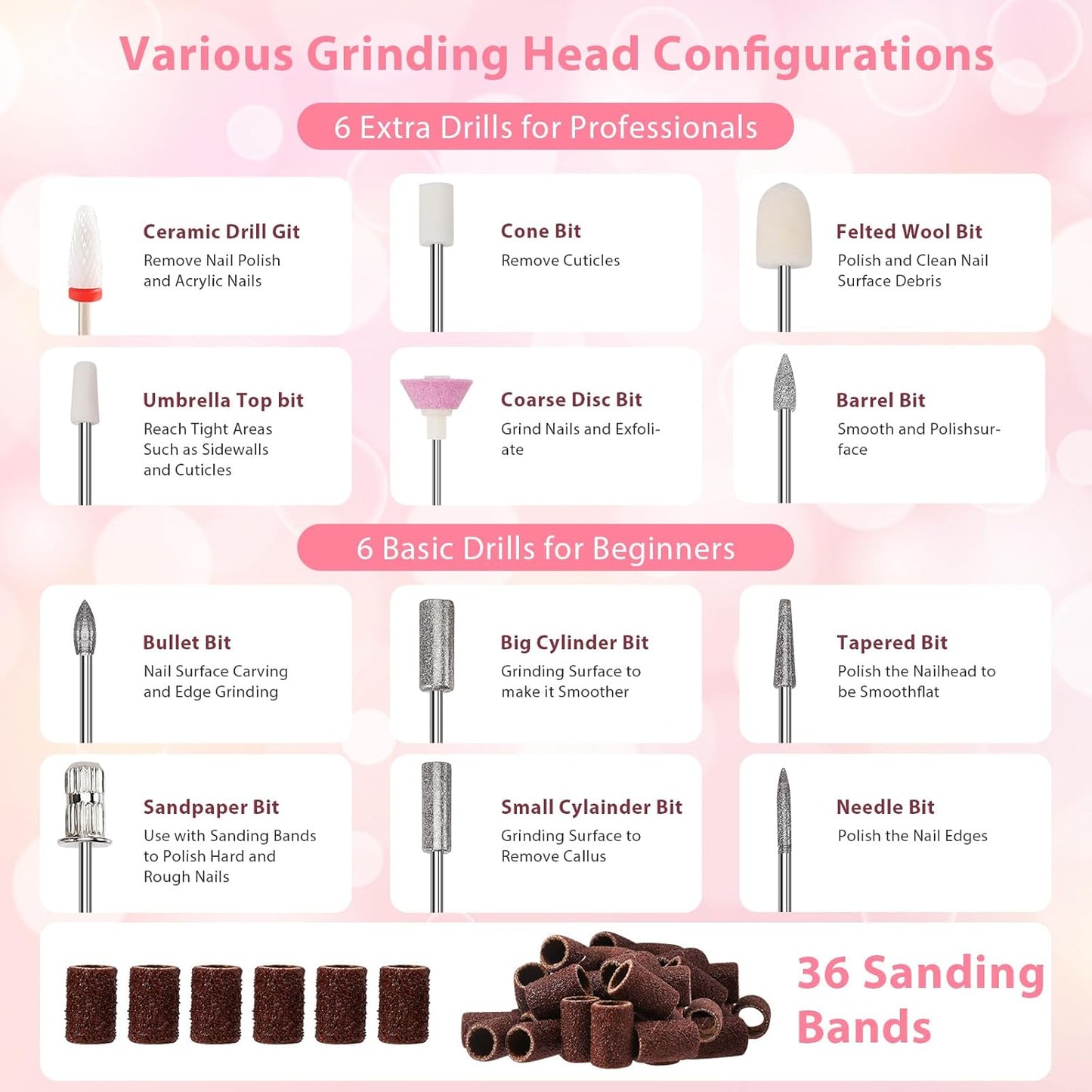 Cordless Electric Nail Drill LED Display Professional 5 Speed Adjustable Manicure Grinding Tools Quiet Nail File Machine with Sanding Bands Drill Bits