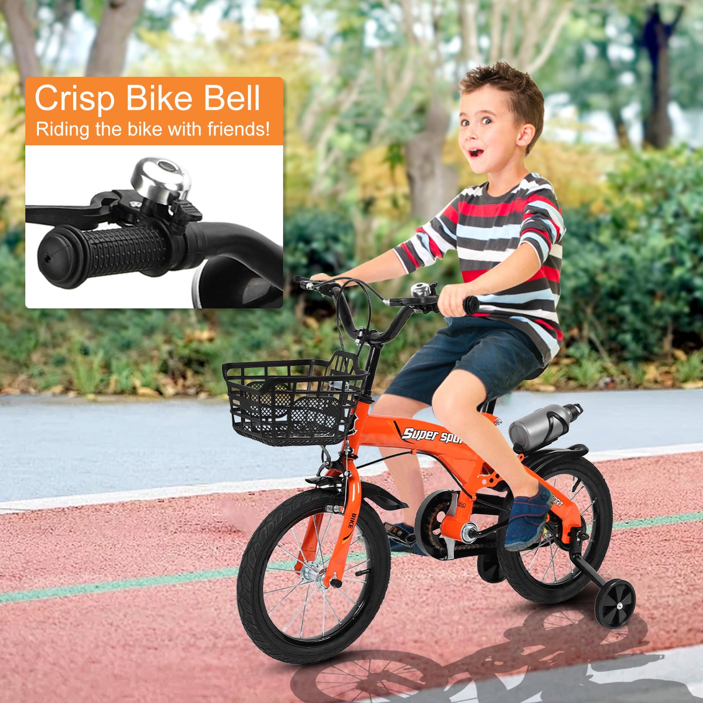 16" Kids Bike with Training Wheels, Height Adjustable Kid's Bicycle with Basket/Water Bottle/Inflator/Bell, Christmas Birthday New Year Xmas Gifts for Girls Boys Toddlers Kids 3 to 8 Years Old