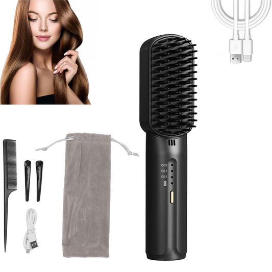 Cordless Hair Straightening Brush, Negative Ion Hair Straightening Brush, Rechargeable & Portable, Adjustable Temperature for All Hair Type, Black