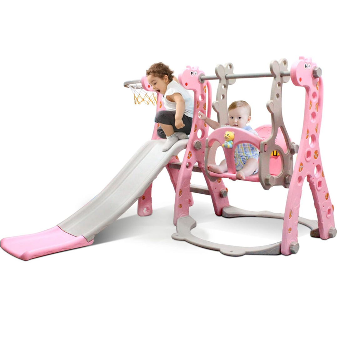 4 in 1 Toddler Swing and Slide Set for Kids Age 1 to 5, Toddler Indoor Playground for Children Baby Swing Set with Swing, Climber, Ball, Basketball Hoop and Long Slide for Boys and Girls