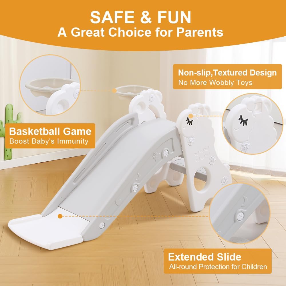 3-in-1 Toddler Slide, First Slide Indoor Outdoor Playground Slide with Folding for Easy Storage, Kids Toddlers Boys Girls Ages 18 Months to 5 Years, Kids Slide with Basket Hoop and Ball