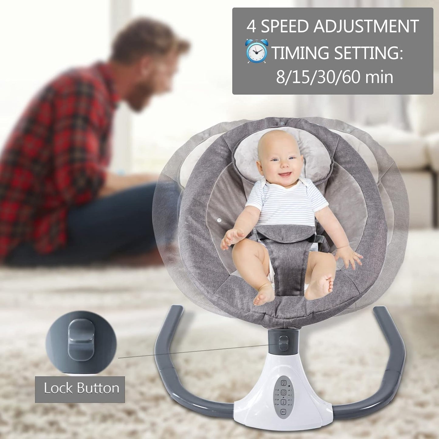 Electric Baby Swing for Infants, Baby Swing Rocker Bouncer with 4 Rocking Speed, 3 Seat Positions Adjustment, Remote Control Baby Swing Rocker for Infants to Toddler 0-18 Months(Gray)