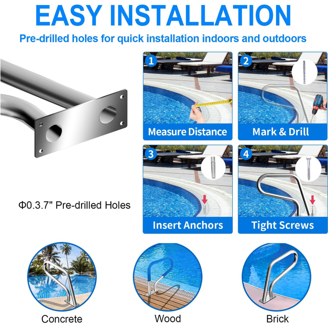 31.5"x22.2" Pool Handrail, Swimming Pool Stair Rail Mounted Pool Rail with Base Plate, 304 Stainless Steel Safety Rail for Pools Spas, 375 lbs Load Capacity