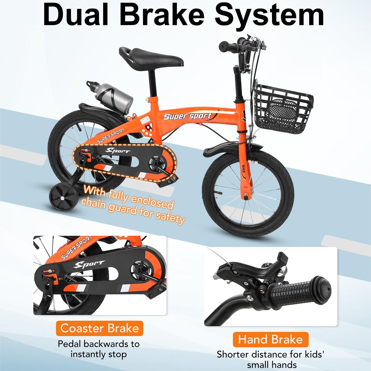 16" Kids Bike with Training Wheels, Height Adjustable Kid's Bicycle with Basket/Water Bottle/Inflator/Bell, Christmas Birthday New Year Xmas Gifts for Girls Boys Toddlers Kids 3 to 8 Years Old