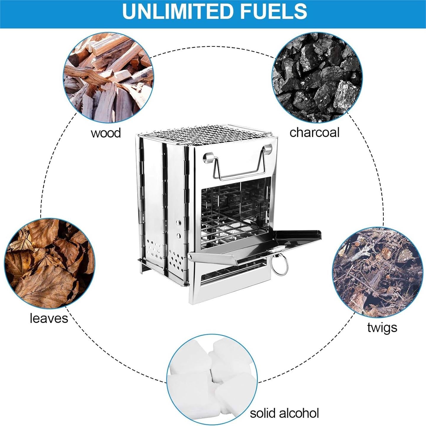 Camping Stove Portable Stainless Steel Backpacking Stove, Folding Lightweight Wood Burning Stove for Outdoor Survival Cooking Picnic Hunting, Mini BBQ Grill with Carry Bag