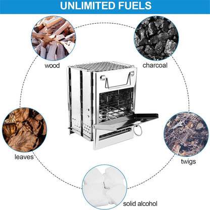 Camping Stove Portable Stainless Steel Backpacking Stove, Folding Lightweight Wood Burning Stove for Outdoor Survival Cooking Picnic Hunting, Mini BBQ Grill with Carry Bag
