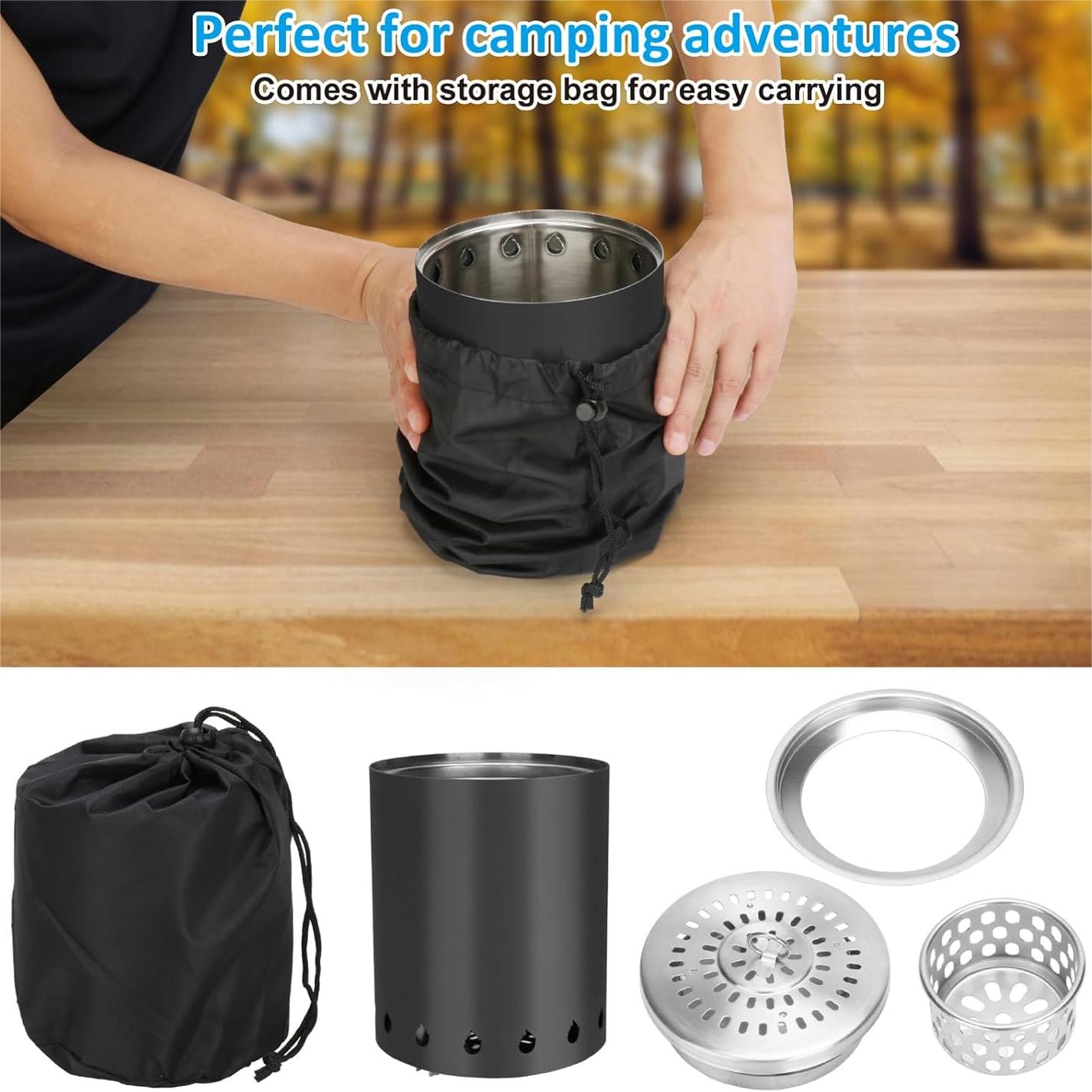 Tabletop Fire Pit with Portable Bag, Portable Smokeless Mini Fire Pit, Wood or Pellets Dual Fuel, Stainless Steel Fire Pit for Camping/Parties/Yard Entertainment, Black