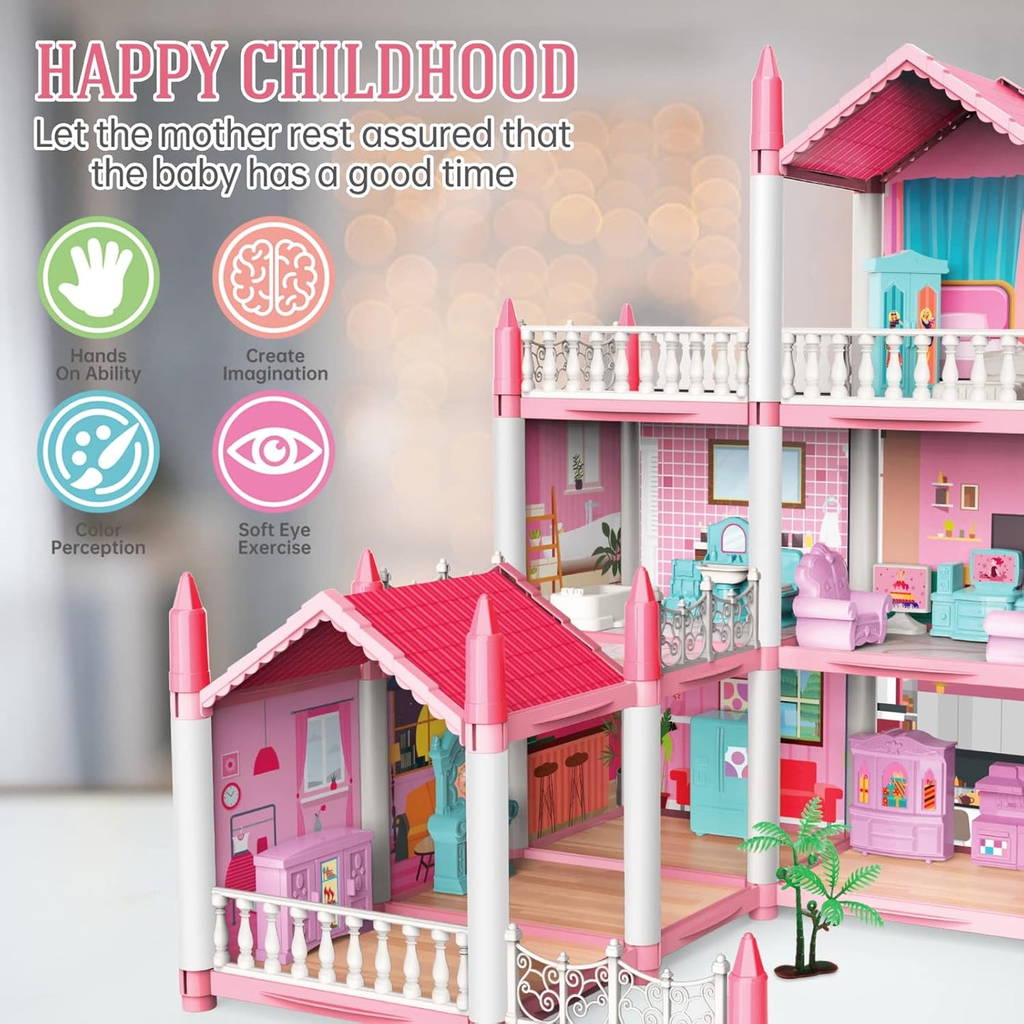 Dollhouse Girls Dreamhouse Playset,14 Room Dollhouse with 4 Doll Toy Figure, Furniture and Accessories, Color Lights, Play House Gift Toys for Kids Ages 3+