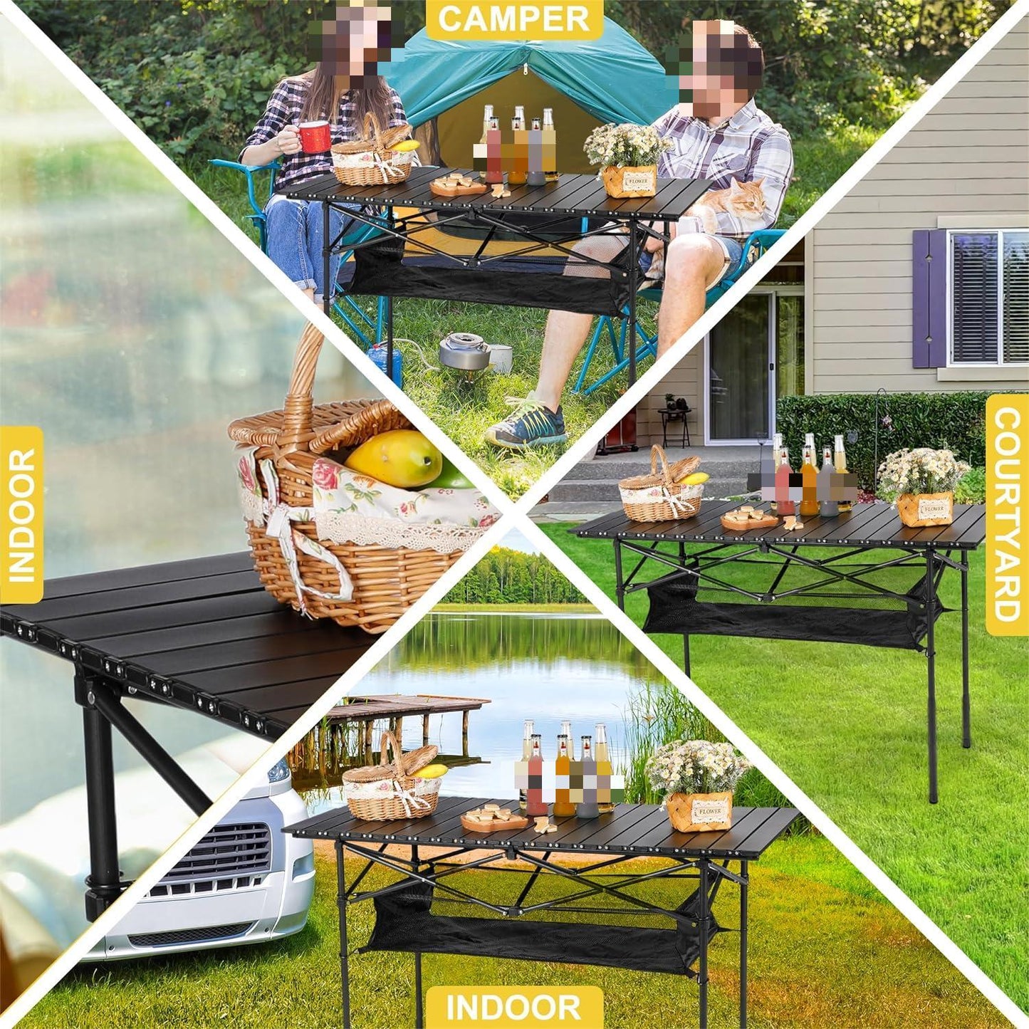 Eotvia Camping Table with Carry Bag, Folding Camping Table with Storage, Carbon Steel Roll up Table with Adjustable Height, Portable Picnic Table for Outdoor Camping Travel Backyard BBQ Patio Beach