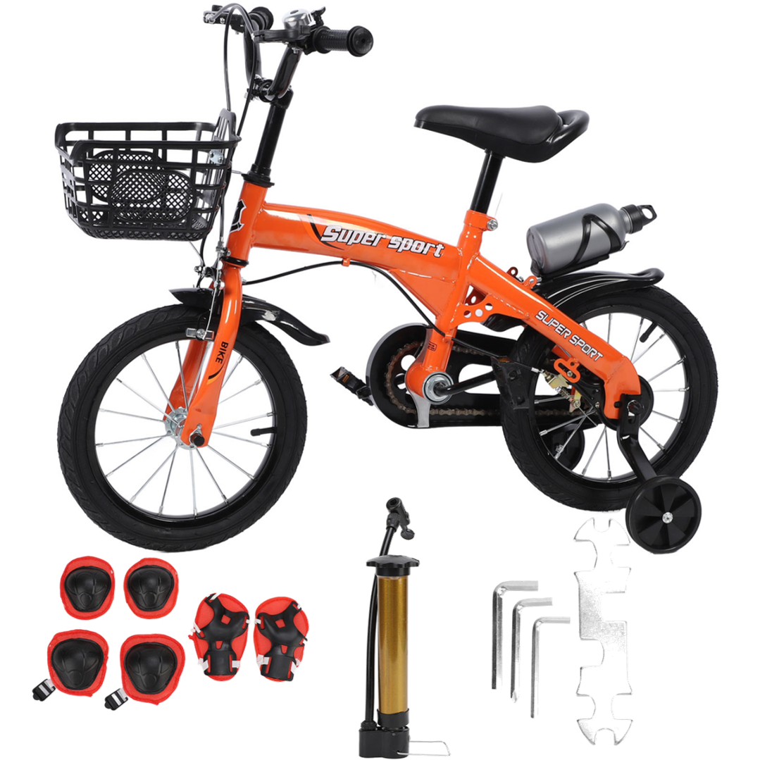 16" Kids Bike with Training Wheels, Height Adjustable Kid's Bicycle with Basket/Water Bottle/Inflator/Bell, Christmas Birthday New Year Xmas Gifts for Girls Boys Toddlers Kids 3 to 8 Years Old