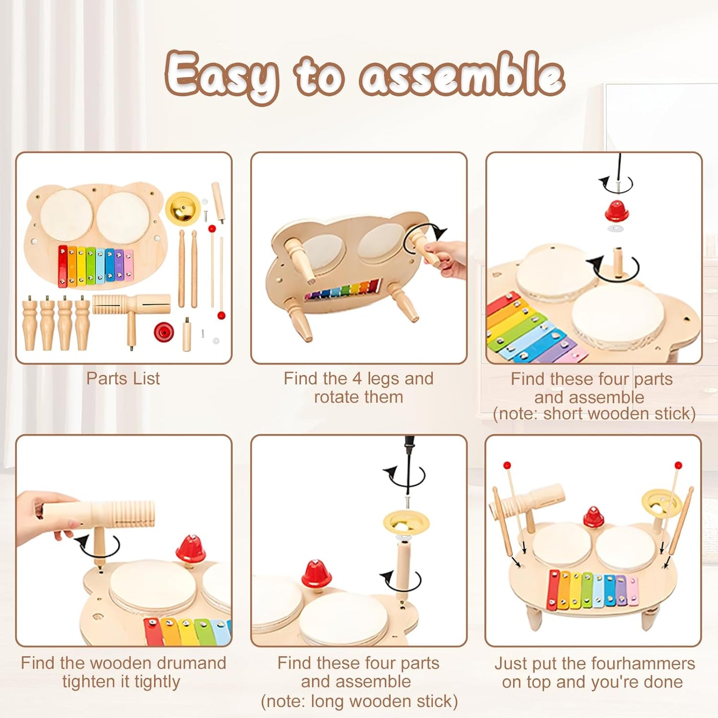 Toddler Drum Set, Xylophone Musical Instruments for Kids, Baby Drums Wood Montessori Music Toy