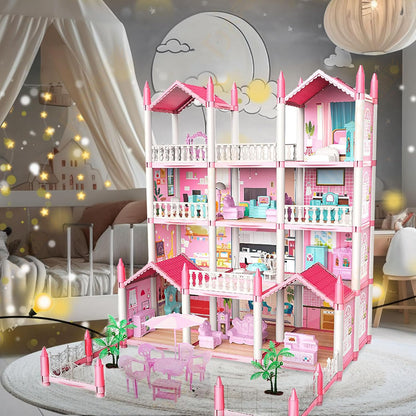 Dollhouse Girls Dreamhouse Playset,14 Room Dollhouse with 4 Doll Toy Figure, Furniture and Accessories, Color Lights, Play House Gift Toys for Kids Ages 3+