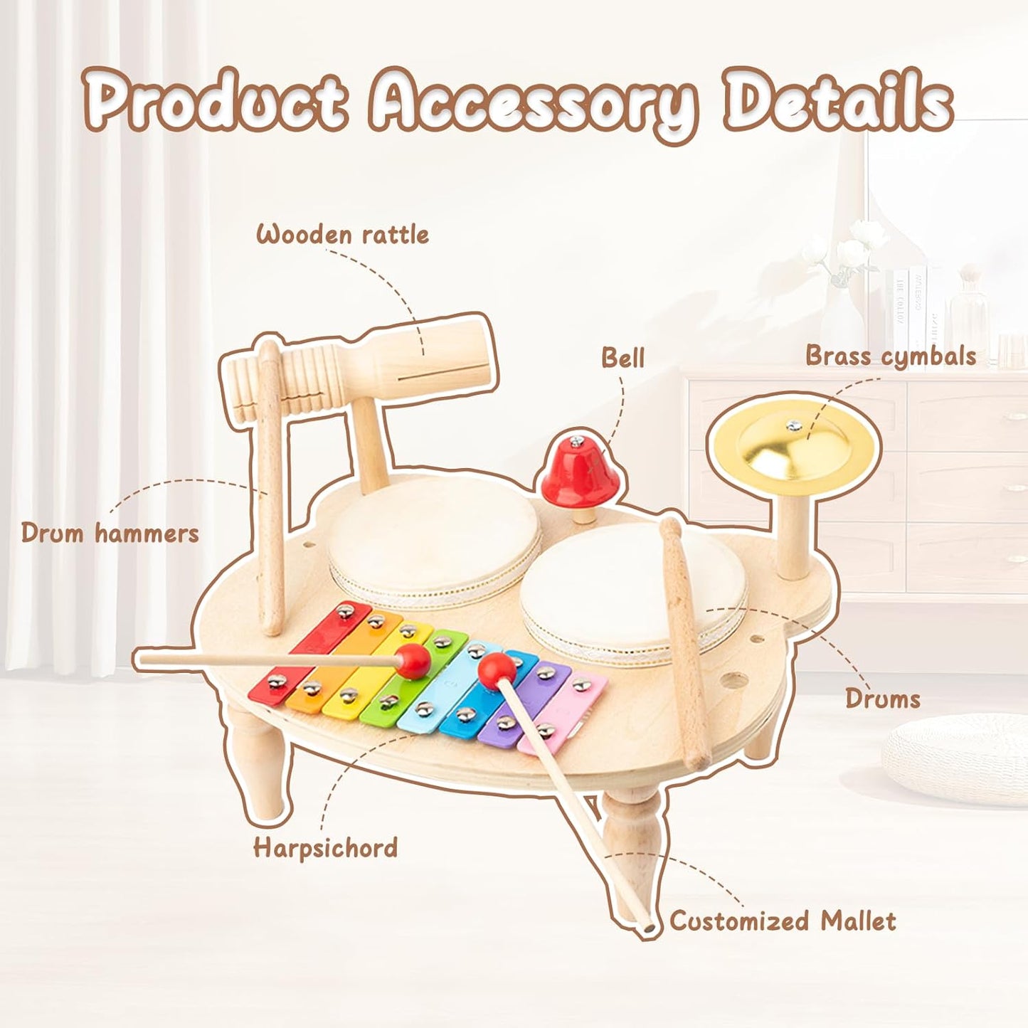 Toddler Drum Set, Xylophone Musical Instruments for Kids, Baby Drums Wood Montessori Music Toy