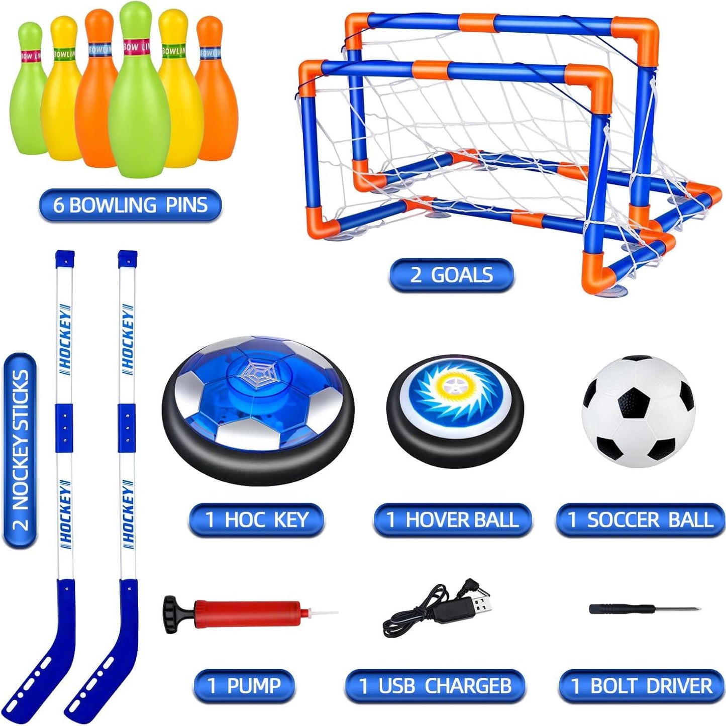 Hover Soccer Ball for Kids, 4-in-1 Air Floating Soccer Toy Set, Rechargeable Hover Soccer & Hockey Ball with LED Light, Indoor Outdoor Toys for Kids, Sport Toys Gift for Boys Girls 3 to 12 Years Old